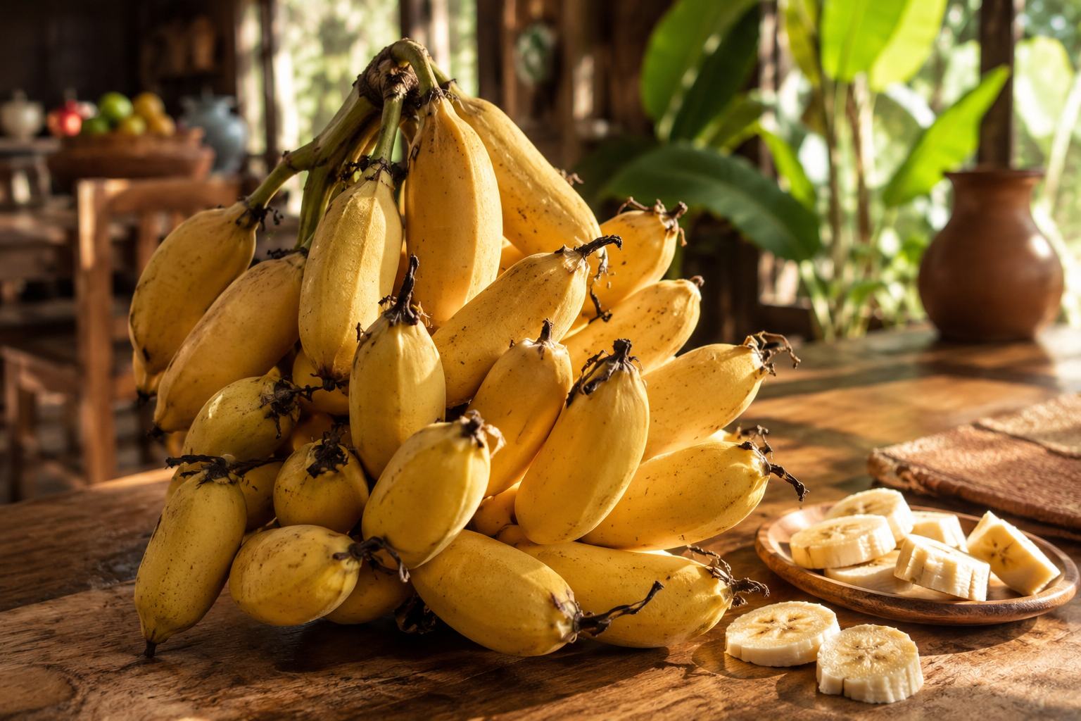 Bananas maduras em mesa rústica
