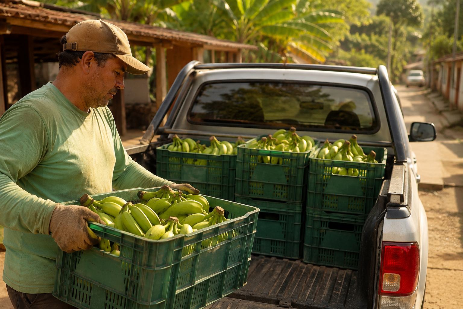 Produtor carregando caixas de banana para entrega local